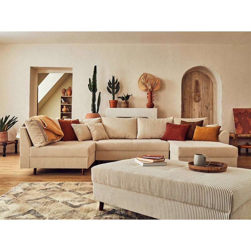 Lisa Design - Rune - canapé panoramique d'angle gauche - 7 places - avec pouf d'appoint - en velours côtelé - beige