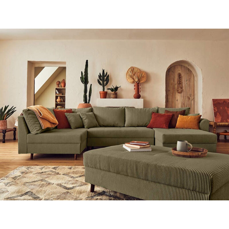 Lisa Design - Rune - canapé panoramique d'angle gauche - 7 places - avec pouf d'appoint - en velours côtelé - vert