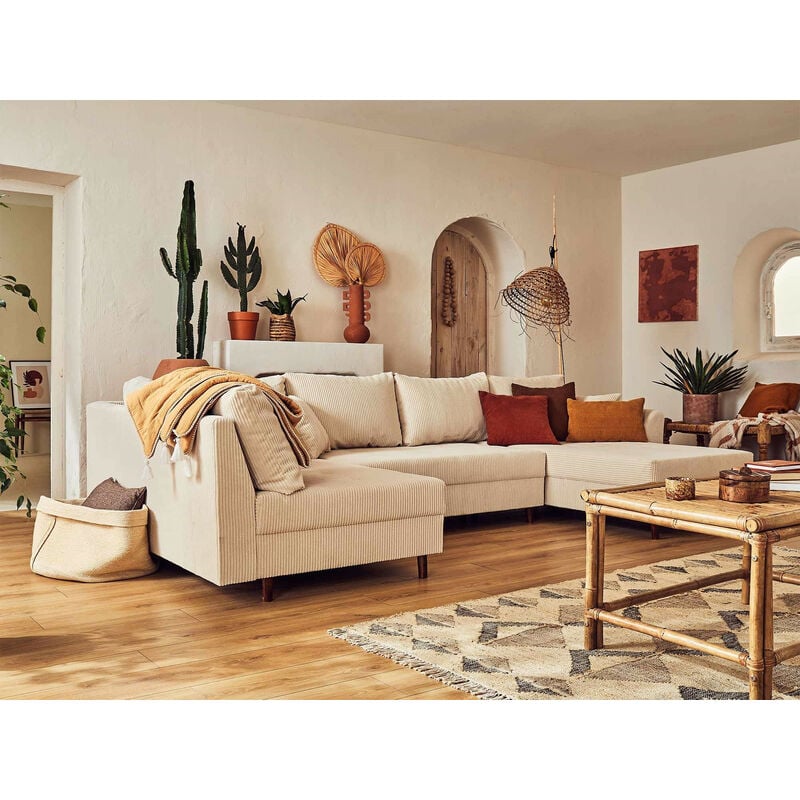Lisa Design - Rune - canapé panoramique d'angle gauche - 7 places - en velours côtelé - beige