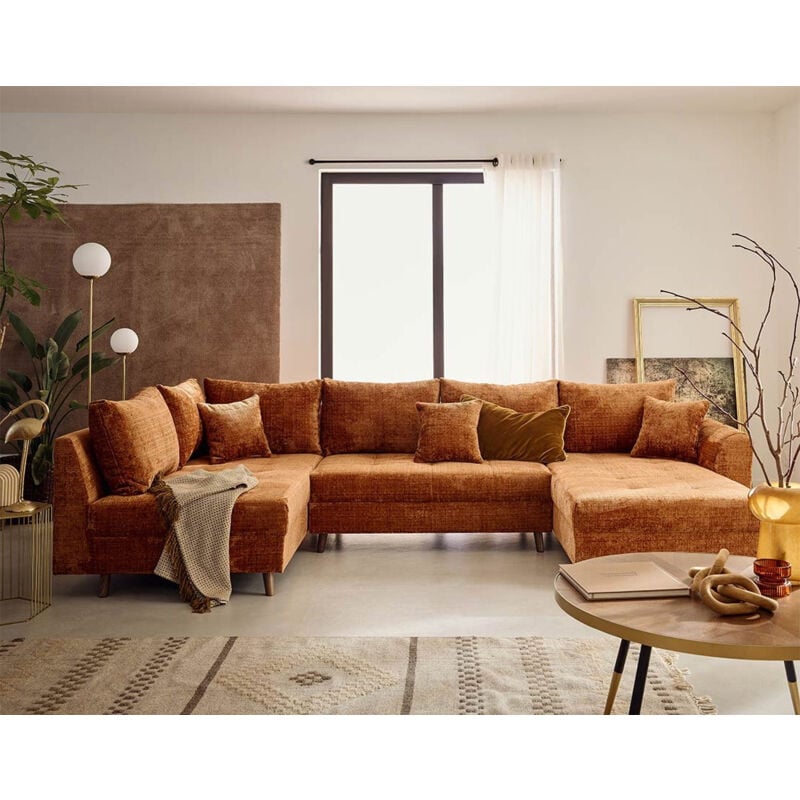 Lisa Design - Rune - canapé panoramique d'angle gauche 7 places en velours texturé - rouille