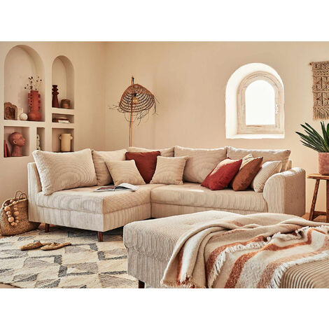Rune – ecksofa links – 4-sitzer – mit hocker – aus cord - beige