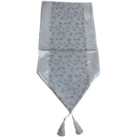 Runner da tavola Satin Snow con nappine 35 x 112 cm in cotone e lino