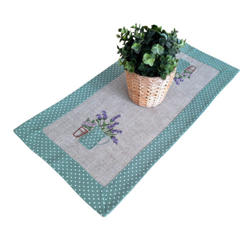 Runner da tavolo ricamato 35/70 per tavolo o cassettiera con striscia verde lavanda ricamata