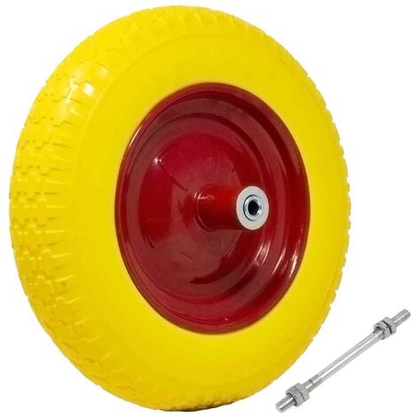 Ruota Piena Antiforatura PU Gialla per Carriola 35cm + Asse Lungo 210mm Acciaio