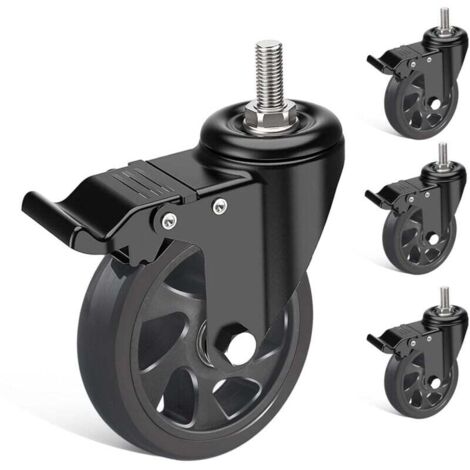 Ruote per mobili con gambo filettato M10x30mm, ruote girevoli da 125 mm con freno, ruote per carichi pesanti con doppio cuscinetto a sfere, rotazione a 360°, fino a 200 kg