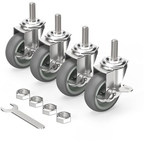 Ruote per mobili da 75 mm con freni, M12 x 1,75 x 30 mm, set di 4 ruote girevoli con stelo filettato, ruote con bloccaggio per impieghi gravosi, grigio