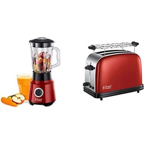 Russell Hobbs Batidora de Vaso Desire - Jarra de Cristal 1,5L, Cuchilla Acero Inoxidable 4 Puntas, 2 Velocidades, Función Pulse, Tapón de Relleno Extraíble, Bloqueo de Seguridad, Rojo - 24720-56