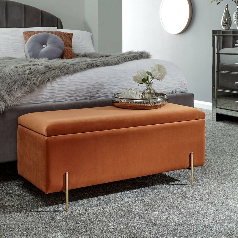 Russet Fabric Storage Ottoman Bench Bedroom Unit Gold Metal Legs Upholstered - Orange