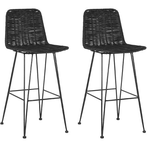 Rustic Boho Indoor Rattan Dining Room Kitchen Bar Chair Set Black Berito - Black