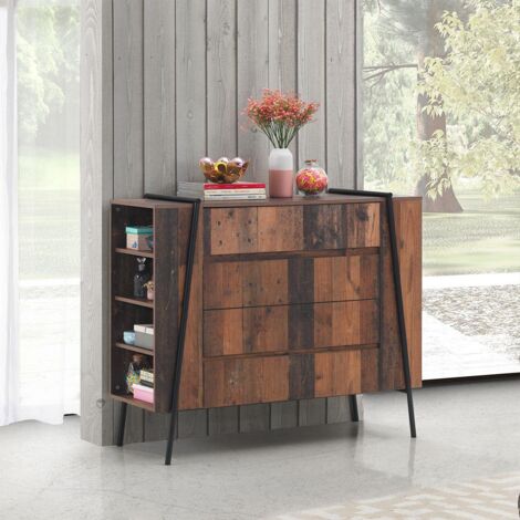 Rustic Chest of 4 Drawers with Metal Frame and Oak Finish Modern Storage