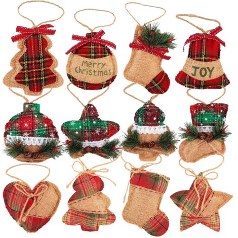 Rustic Christmas Tree Ornaments,Christmas Tree Decorations,Country Farmhouse Ornaments for Christmas Tree,Burlap Christmas Ornaments with Trendy Red and Green Plaid Tartan for Holiday Party Decor-12PC