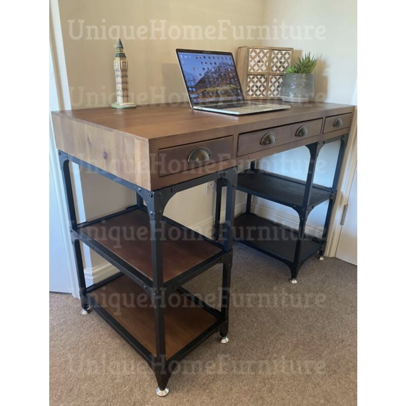 Uniquehomefurniture - Rustic Computer Desk Vintage Industrial Furniture Large Pc Office Storage Table