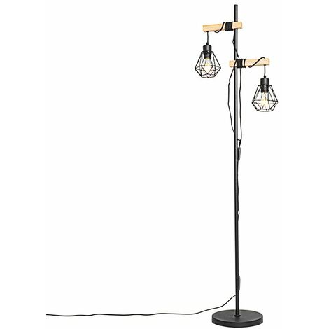 Rustic Floor Lamp Black with Wood 2-Light - Chon