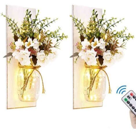 Rustic grey Mason jar wall sconces for interior decoration, decorative and chic Mason jars with LED strip, silk hydrangeas, iron hooks for home decor