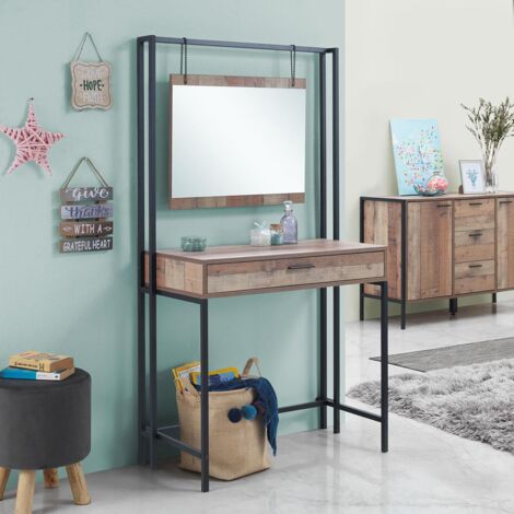 Rustic Oak Dressing Table with Mirror and Storage Drawers Oak Effect Industrial