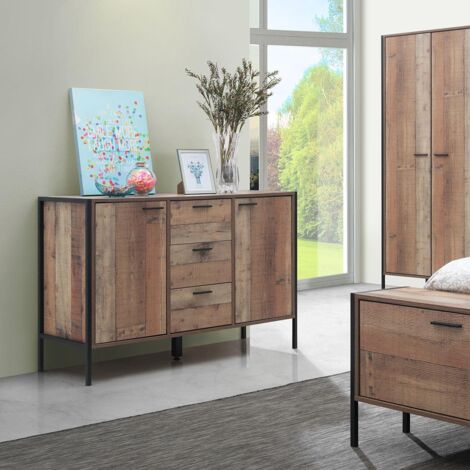 Rustic Oak Sideboard Cabinet Unit 2 Door 3 Drawer Oak Black Metal Frames