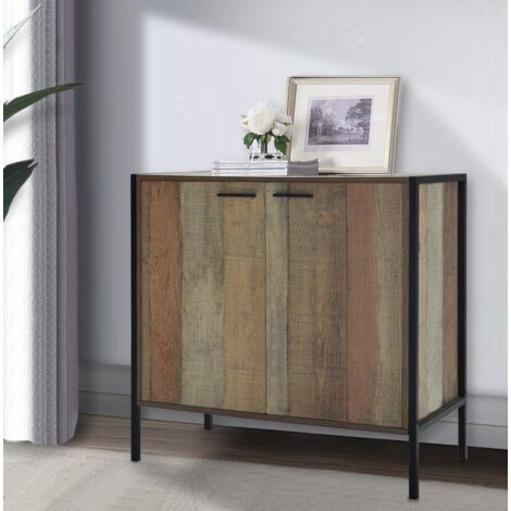 Rustic Oak Sideboard Cabinet Unit 2 Door Storage Oak Black Metal Frames
