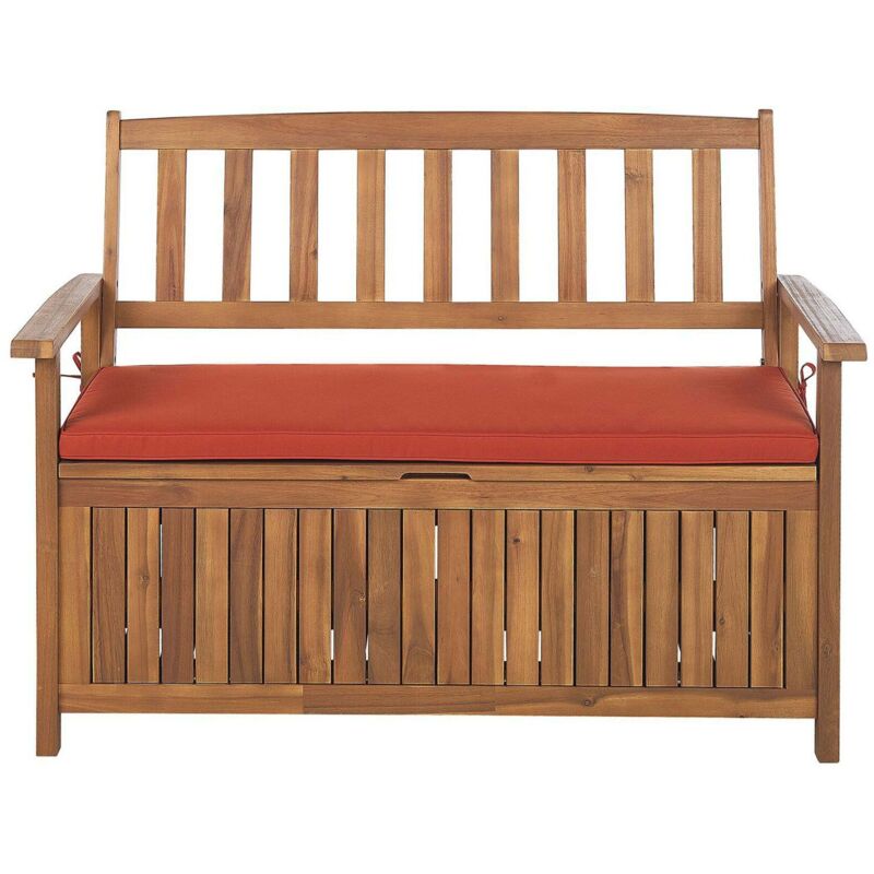 Beliani - Rustic Outdoor Patio Storage Bench Solid Acacia Wood 120 Cm Red Cushion Sovana