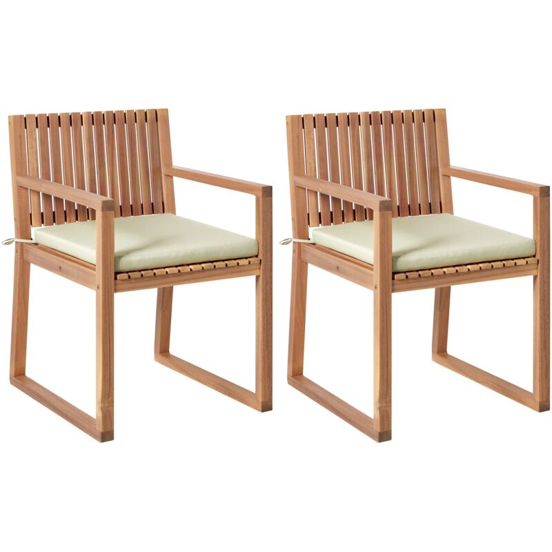 Beliani - Rustic Outdoor Set Of 2 Garden Dining Chairs With Cushions Certified Acacia Wood Polyester Light Brown Light Green Sassari Ii