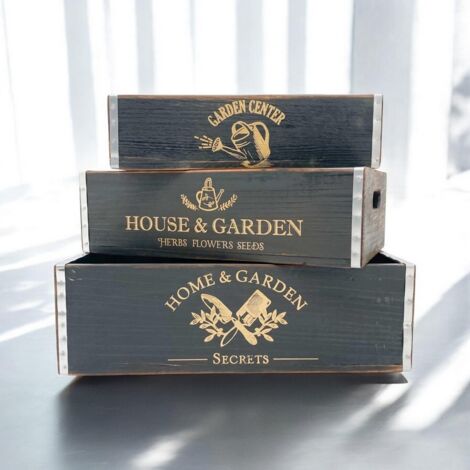 Rustic Vintage Garden Display Planters (Set of 3) - Wood - Black