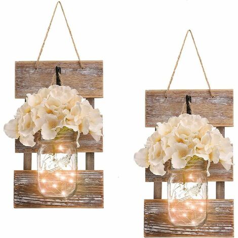 Rustic Wall Sconces - Mason Jars Wall Sconces, Rustic Decor, Wrought Iron Hooks, Silk Hydrangeas and LED Strips, Home Decor with 6 Hour Timer (Set of 2)