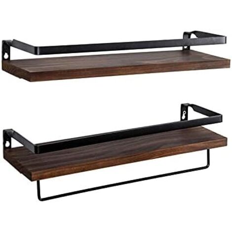 Rustic Wood with Towel Bar, Set of 2 Wall Mounted Decorative Hanging Shelf, Farmhouse Storage Holder for Kitchen Bathroom Living Room Bedroom