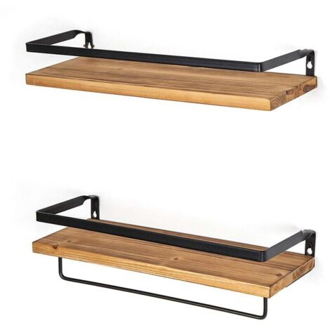 Rustic Wooden 2-Layer Floating Storage Shelves with Towel Rack