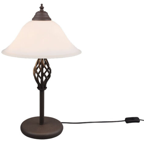 RUSTICA LAMPADA DA TAVOLO METALLO RUGGINE CON DIFFUSORE VETRO BIANCO H. 50CM 2 LUCI ATTACCO E14