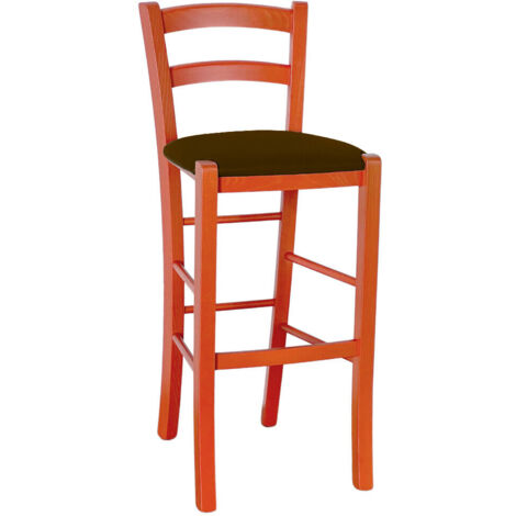 Rustikaler hoher Hocker aus orangefarbenem Holz, H 73 cm, mit braunem Kunstledersitz
