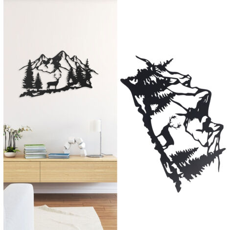 Rustikales Wandbild aus Metall mit Hirschmotiv, Berg- und Waldlandschaft, für Schlaf- und Wohnzimmer, Eisenrahmen, Maße 34 x 17 cm, Schwarz