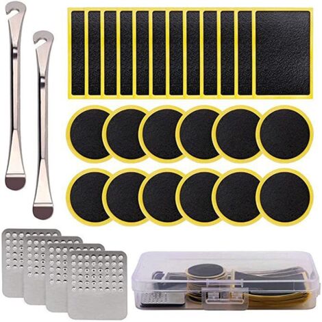 Rustine Vélo, 30PCS Kit Reparation Pneu Crevaison Vélo pour Patchs Auto-Adhésifs sans Colle de Moto Vélo et Râpe en Métal pour Vélos de Route, VTT et Banlieue