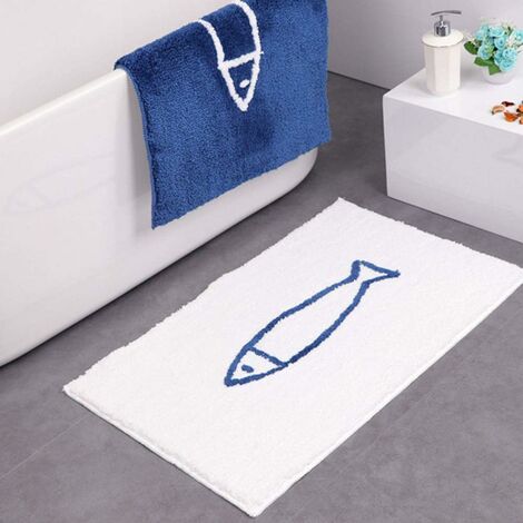 Rutschfeste Badematte, blaues und weißes Fischmuster, rutschfeste Badematte, schnell trocknende Küchenmatte, Badezimmerteppich (50 x 80 cm, weiß)