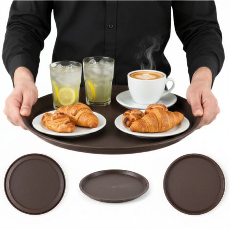 Rutschfeste, runde Küchenservierplatte in Braun, 36 cm