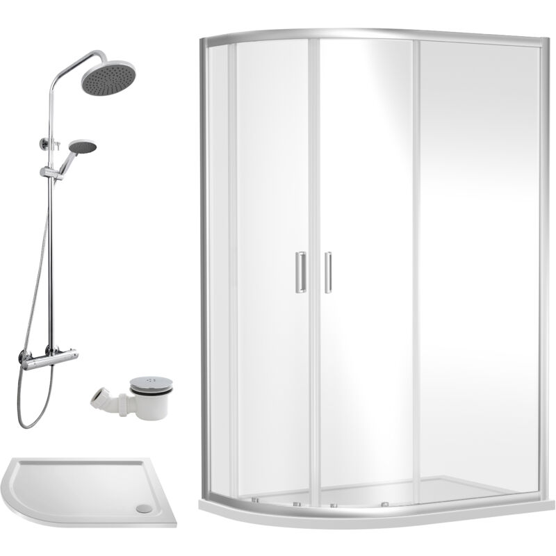 Balterley Ruwa Quadrant Offset Left Bundle: Slimline Tray, Round Kit & Waste, 1000 x 800 mm White/Chrome