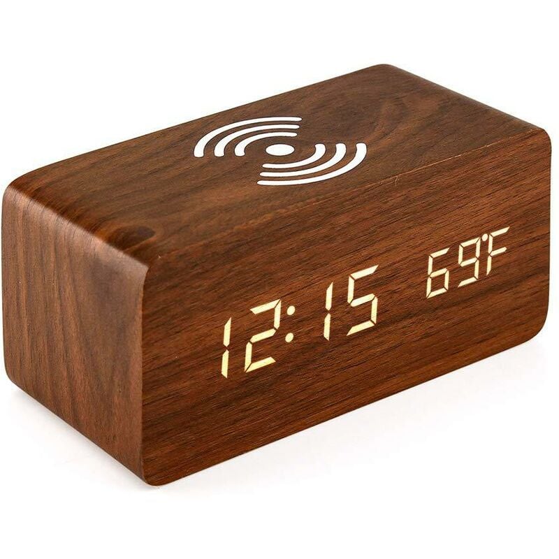 Aougo - Réveil avec pour Tampon De Charge sans Fil Qi Compatible avec pour Iphone Horloge Numérique led De Bois Fonction De Contr?Le du Son, Date De