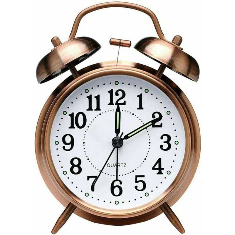 Ensoleille - Réveil à double cloche avec réveil silencieux, réveil à quartz vintage à piles avec veilleuse pour enfants, sommeil profond, marron,