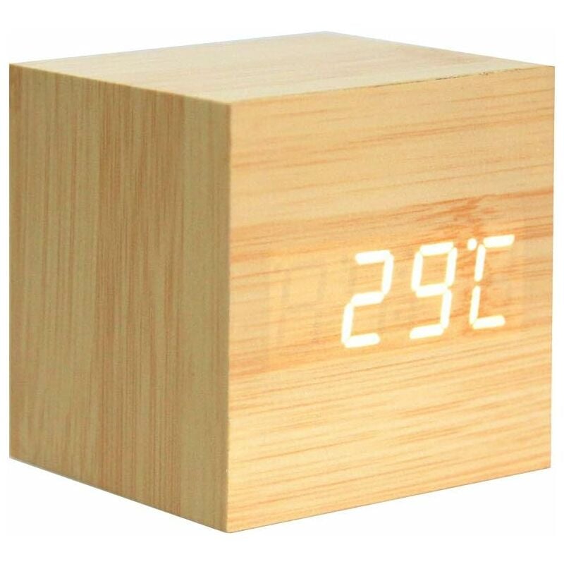 Tuserxln - Réveil en bois-Mini horloge numérique avec 3 niveaux de luminosité et commande vocale, parfait pour les voyages en famille