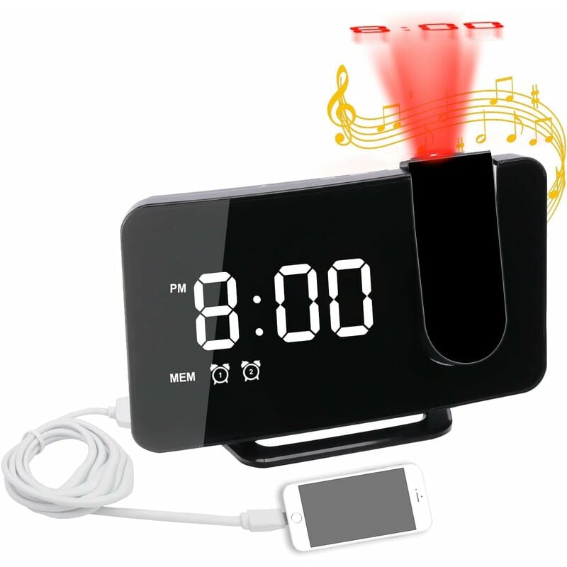 Aougo - réveil numérique avec Chargeur USB/Projection au Plafond, Double réveil Fort, réveil à projecteur Simple pour dormeurs Lourds, Adultes,