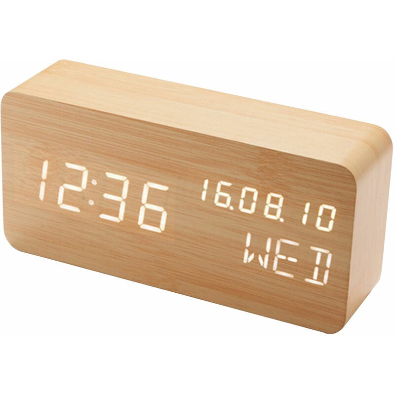 Couleur bois) Réveil digital en bois avec contrôle sonore par led, alimentation double par batterie usb, horloge silencieuse en bois avec led,