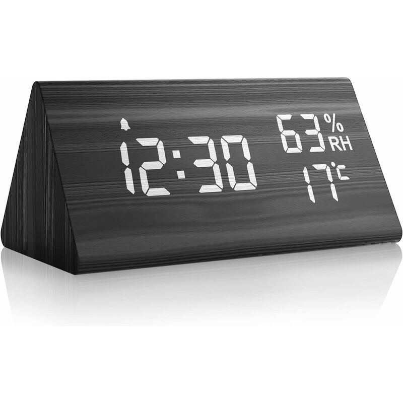 Réveil Numérique en Bois, Horloge Digitale avec Snooze/Date/Température et Humidité-Noir