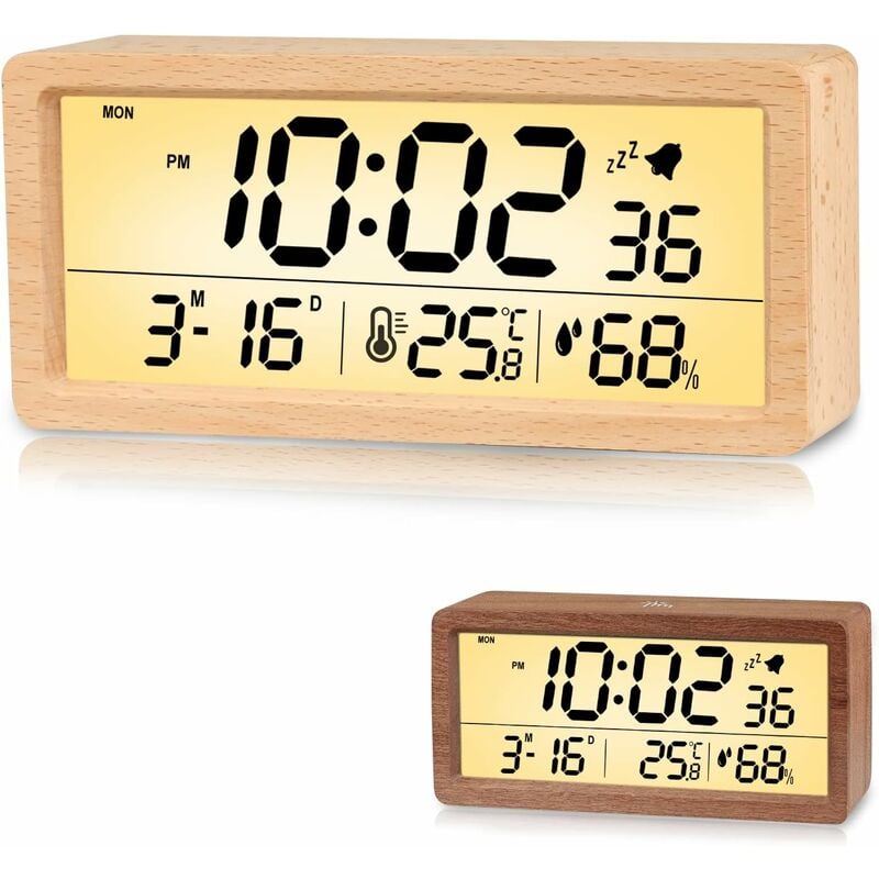 Réveil Numérique en Bois,Réveil led Horloge Digitale sans Tic-tac,avec Affichage Date, Température et de l'Humidité, Fonction Snooze, Marron Clair