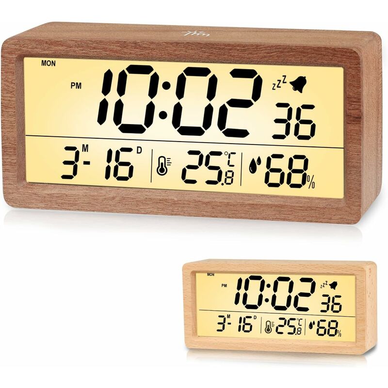 Réveil Numérique en Bois,Réveil led Horloge Digitale sans Tic-tac,avec Affichage Date, Température et de l'Humidité, Fonction Snooze, Marron Foncé