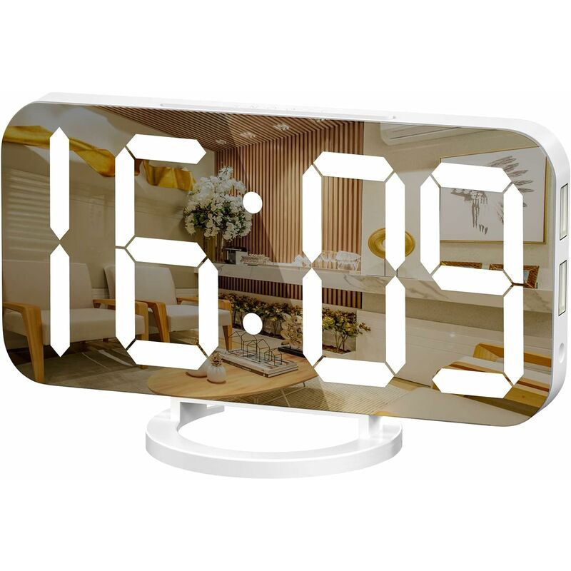 Xinuy - Réveil numérique, grand écran led miroir, mode veille, horloge de bureau murale pour chambre à coucher (blanc)