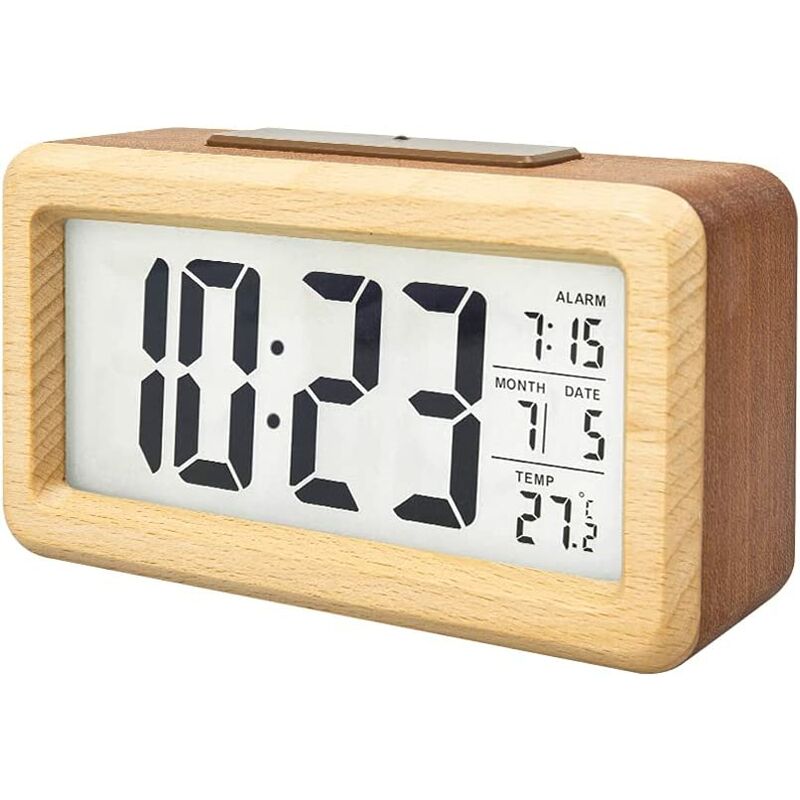 Dazzler - Réveil numérique lcd en bois à piles avec veilleuse à capteur intelligent, fonction Snooze pour chambre à coucher
