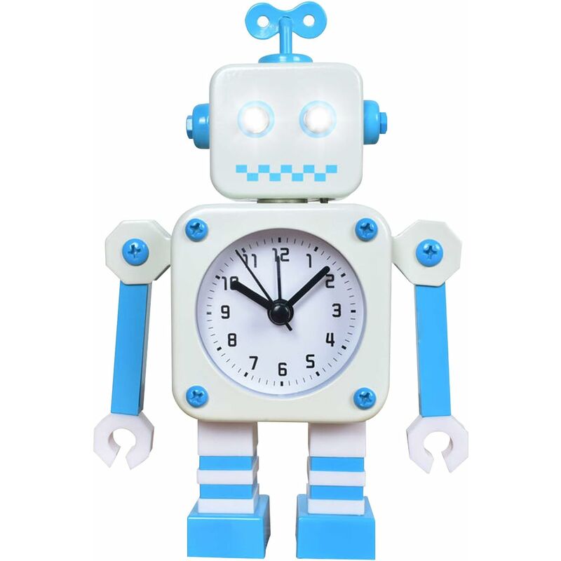 Xinuy - Réveil Robot, réveil Silencieux en Métal Inoxydable avec Yeux Lumineux Clignotants et Bras Rotatif, Cadeau pour Enfants (Blanc Bleu)