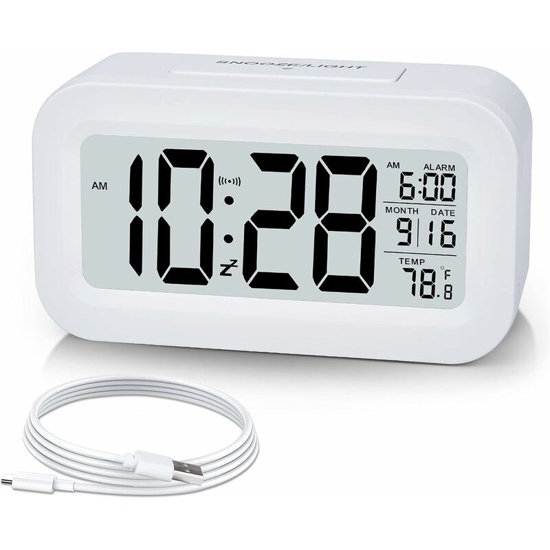 Réveil,petit réveil numérique,écran LCD 5,1 "avec chargeur USB, snooze, minutes, calendrier de date,affichage de l'alarme de température,Blanc