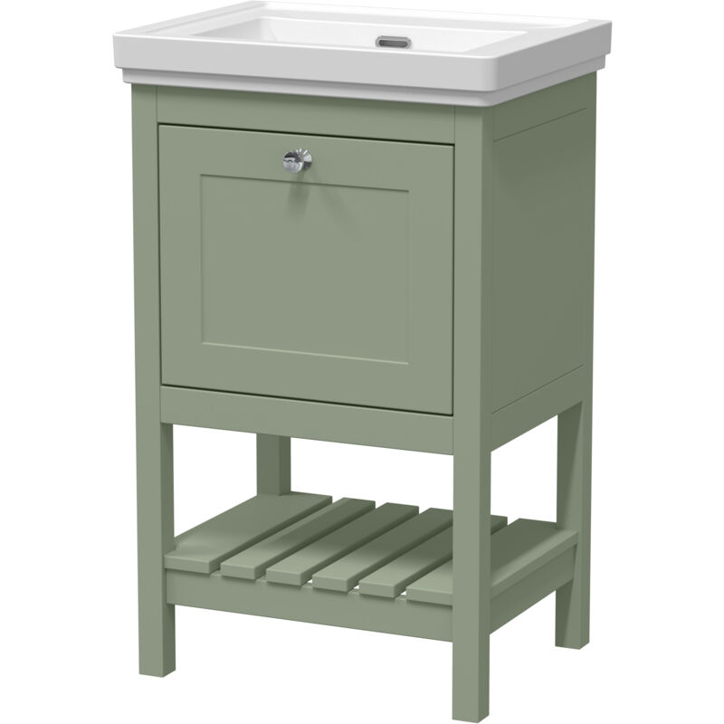 Balterley Traditional Furniture Floor Standing 1 Drawer Vanity & 0 Tap Hole Fireclay Basin, 500mm, Fern Green