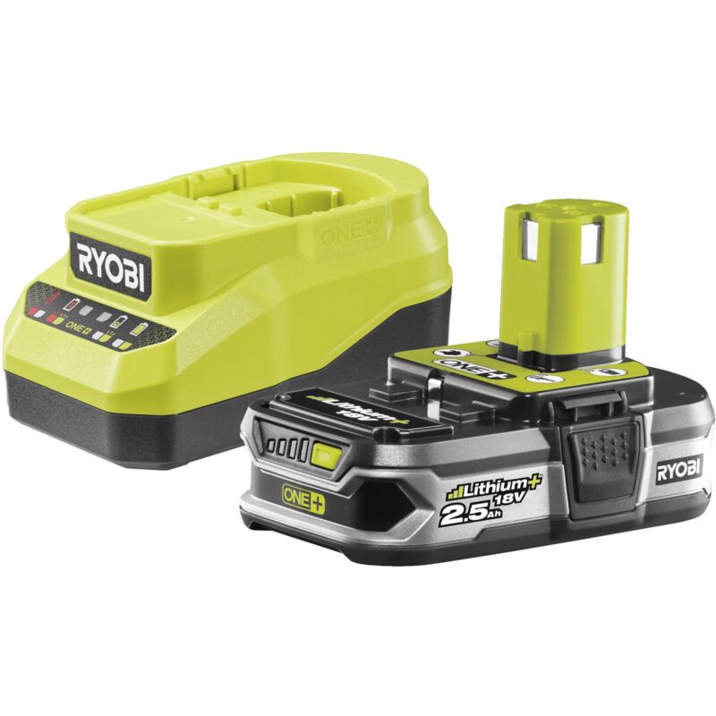 RYOBI - Cargador rápido de 18 V, 2,0 A, batería de Litio + 2,5 Ah One+ RC18120A-125 - Carga en 75 min, indicador 4 LED, Celdas de Alta Capacidad,