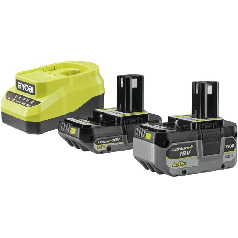 RYOBI - Cargador rápido de 18 V, 2,0 A, batería de Litio + 4,0 Ah + batería 2,0 Ah One+ - RC18120A-242X - Indicador 4 LED, Celdas antichoque,
