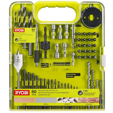 Ryobi – Coffret multi-outils 60 pièces – Embouts HSS pour métal, bois et plastique – Boîte plastique organisée – Outils de perçage et vissage - RAKDD60